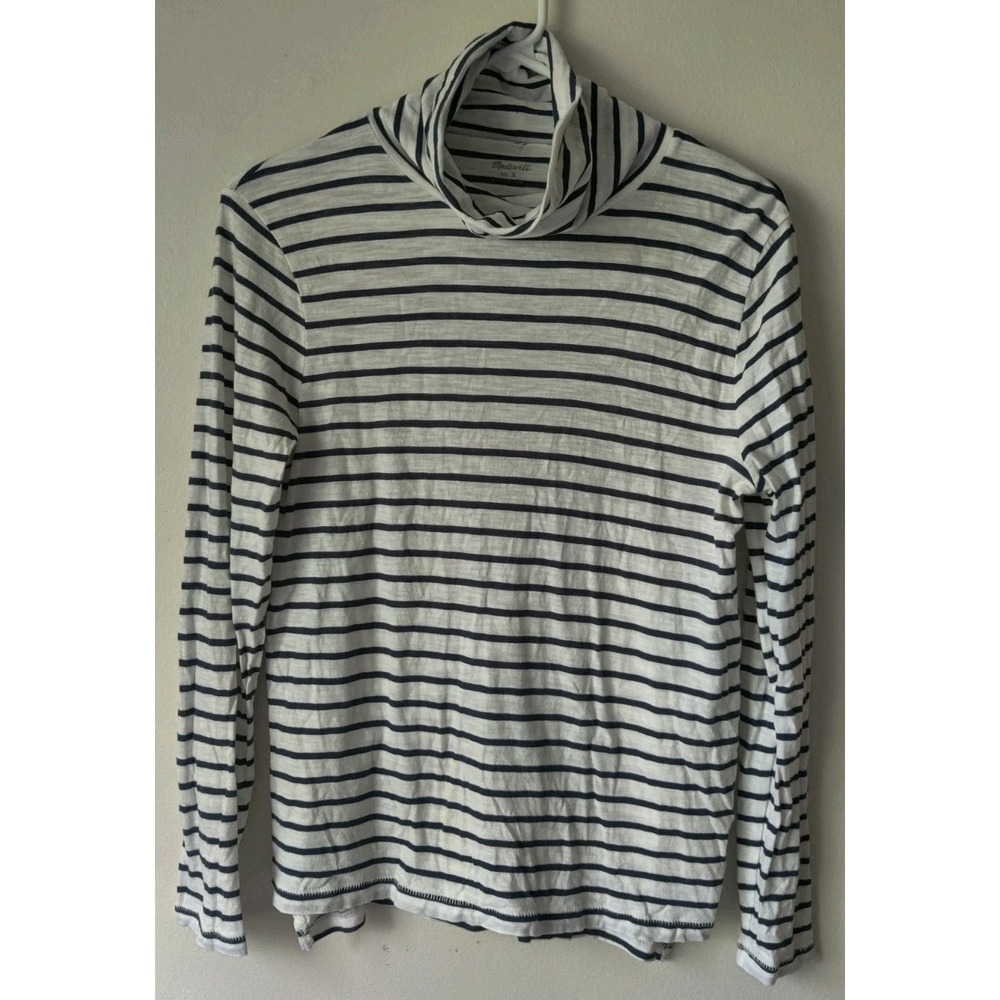 Madewell Women's 100% Cotton Striped Turtleneck White/Navy Blue Size Small